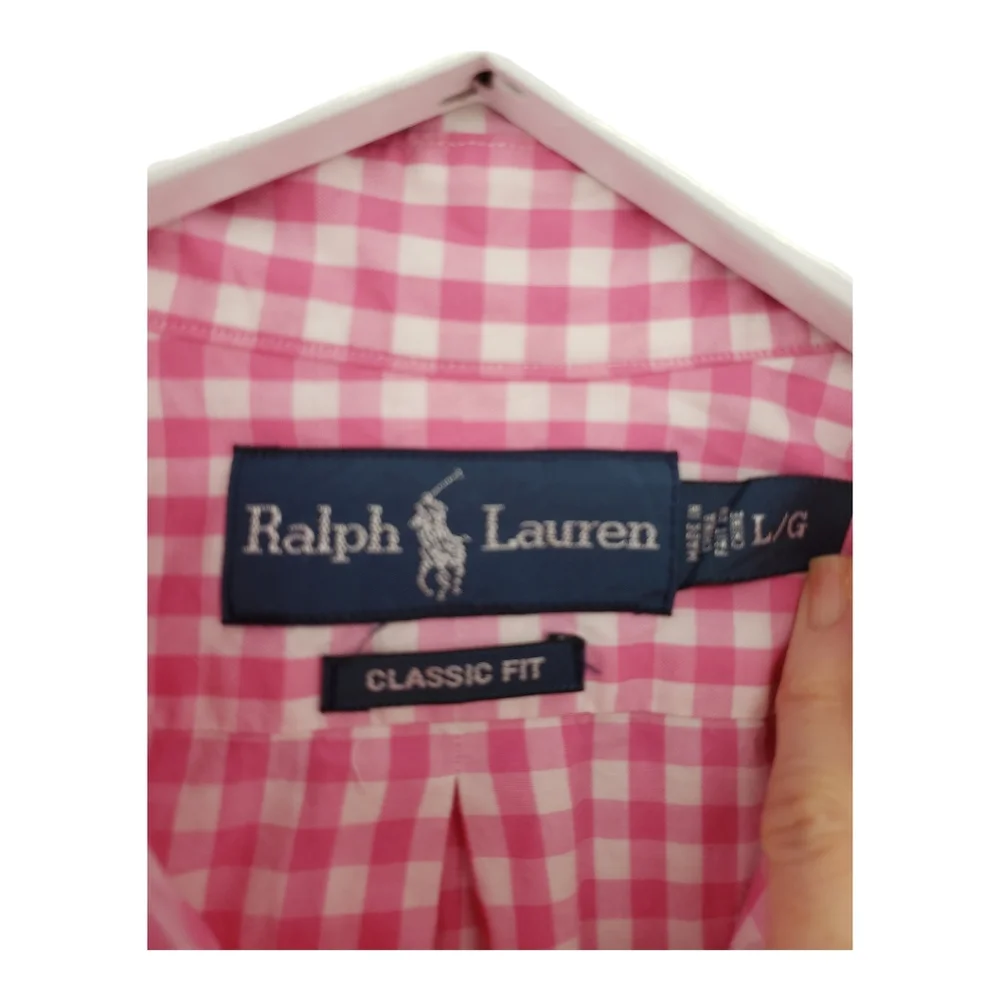 Ralph Lauren Polo Button Down Short Sleeve Shirt Large Classic Fit Pink White